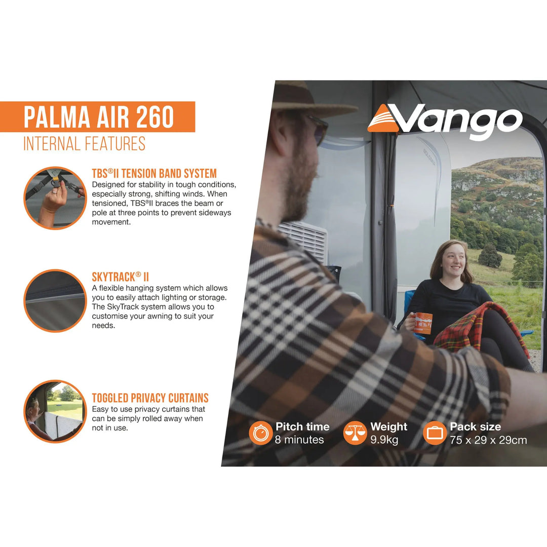 Promotional graphic for the Vango Palma Air 260 internal features, showing a woman inside a cabin with large windows and text detailing TBS II tension band system, Skyback II hanging system, and toggled privacy curtains.
