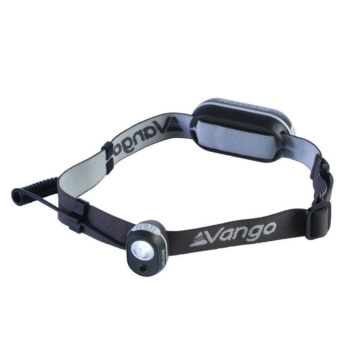 Vango Photon Headtorch with a side view of the LED light and head strap, designed for outdoor and camping activities.