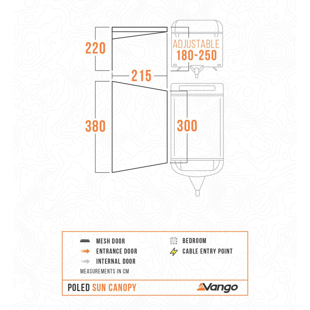 Floorplan dimensions of Vango Poled Sun Canopy 3M, illustrating a 380cm depth and 300cm width for campervans, motorhomes, and caravans.