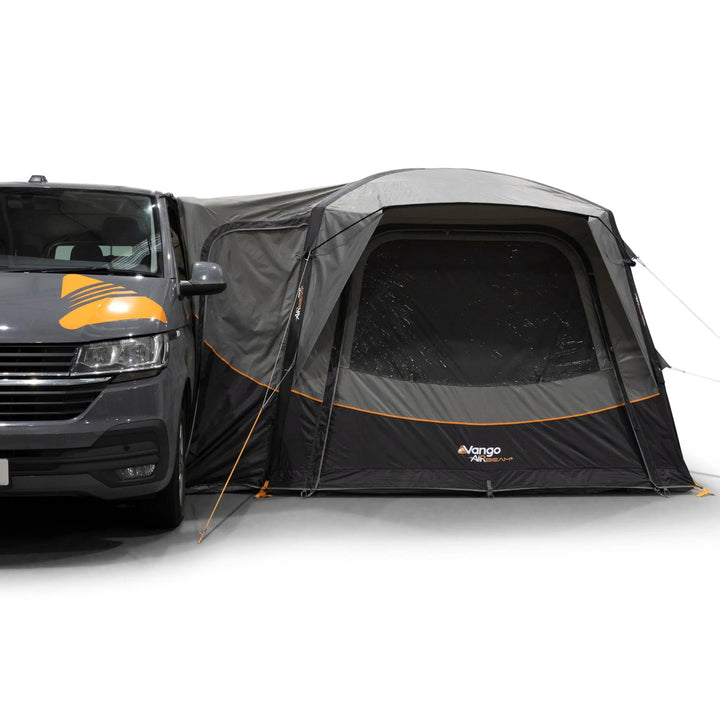 Vango Quadris Air Low Drive Away Awning front view with windows closed.