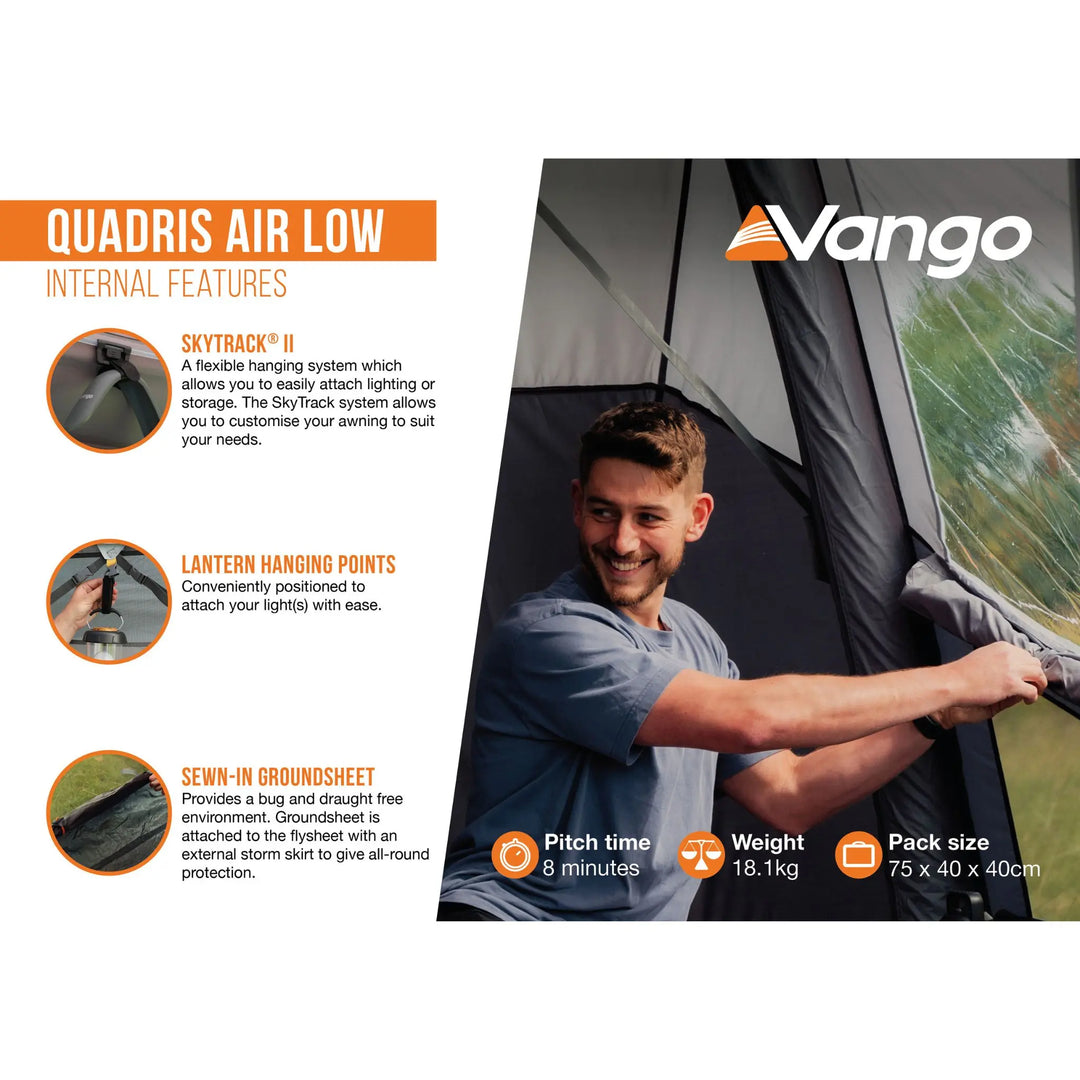 Vango Quadris Air Low Drive Away Awning internal features infographic.