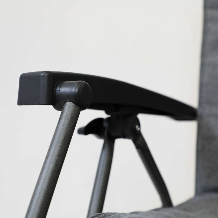 Close-up of a Vango Riviera Lounger reclining camping chair armrest