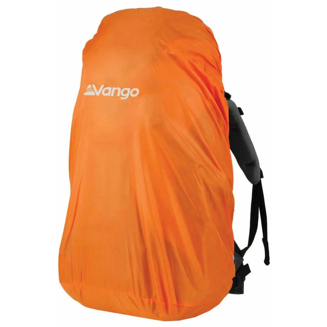 Bright orange Vango Rain Cover - Large securely fitted over a 60+ litre rucksack, designed for weather protection during outdoor adventures.