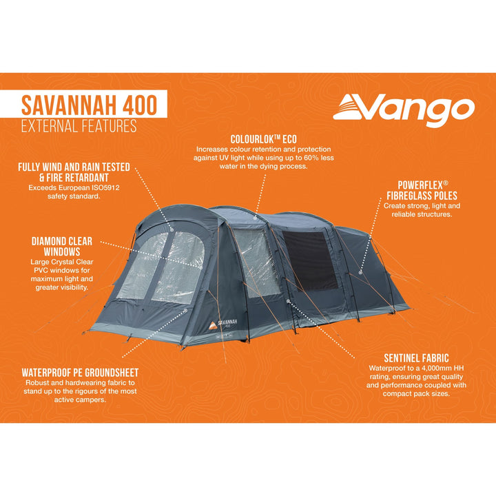 tent features Vango Savannah 400 Poled Tent (Inc Footprint) 2026 – WM Camping