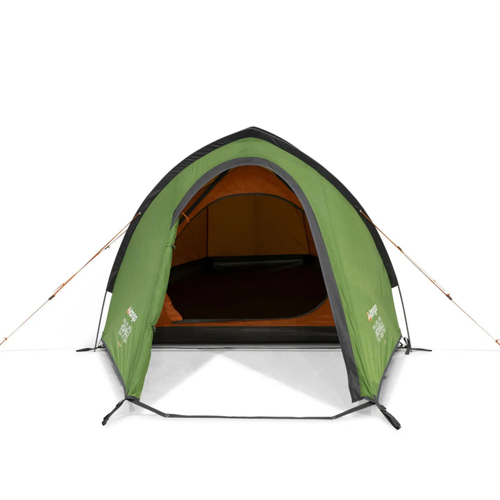 Front view of the Vango Scafell 200 Tent, highlighting the spacious entrance and weather-resistant design for backpacking trips.