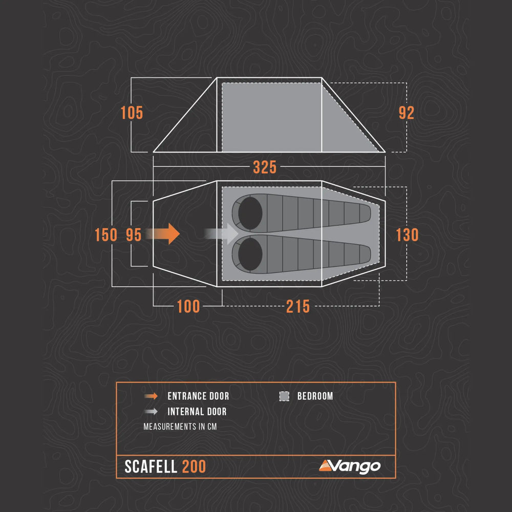 Floorplan of the Vango Scafell 200 tent showing dimensions for 2-person use, designed for lightweight trekking and backpacking with a compact pack size.