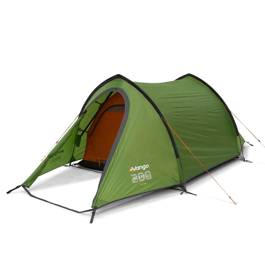 Vango Scafell 200 Tent pitched, a compact and lightweight 2-man tent designed for backpacking and trekking, featuring a small pack size.