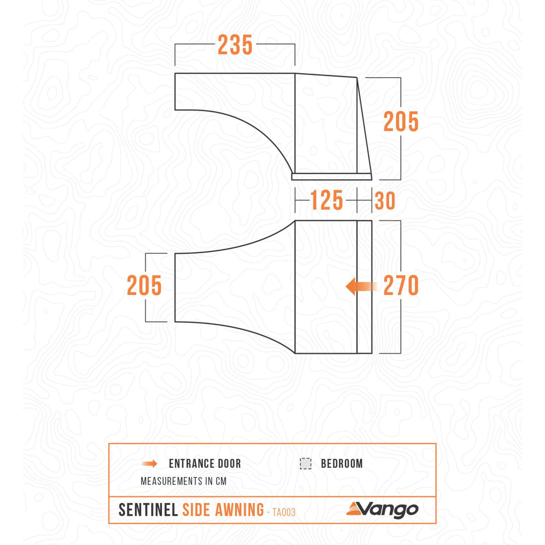 Floor plan diagram of the Vango Sentinel Side Awning, illustrating dimensions, entrance doors, and layout in centimetres.