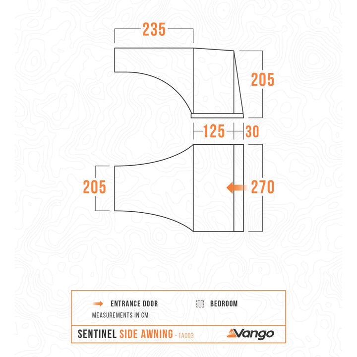 Floor plan diagram of the Vango Sentinel Side Awning, illustrating dimensions, entrance doors, and layout in centimetres.