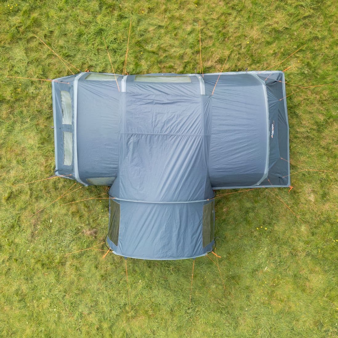 Aerial view of the Vango Sentinel Side Awning connected to a tent, providing an overview of the layout and setup.