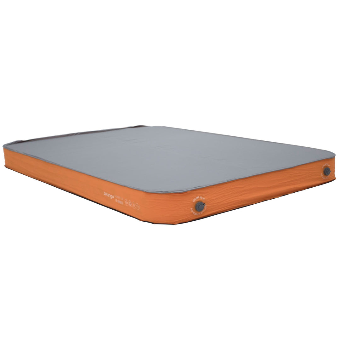 Vango Shangri-La II 15cm Double Self-Inflating Mat featuring a soft grey top layer and orange base for comfortable camping.