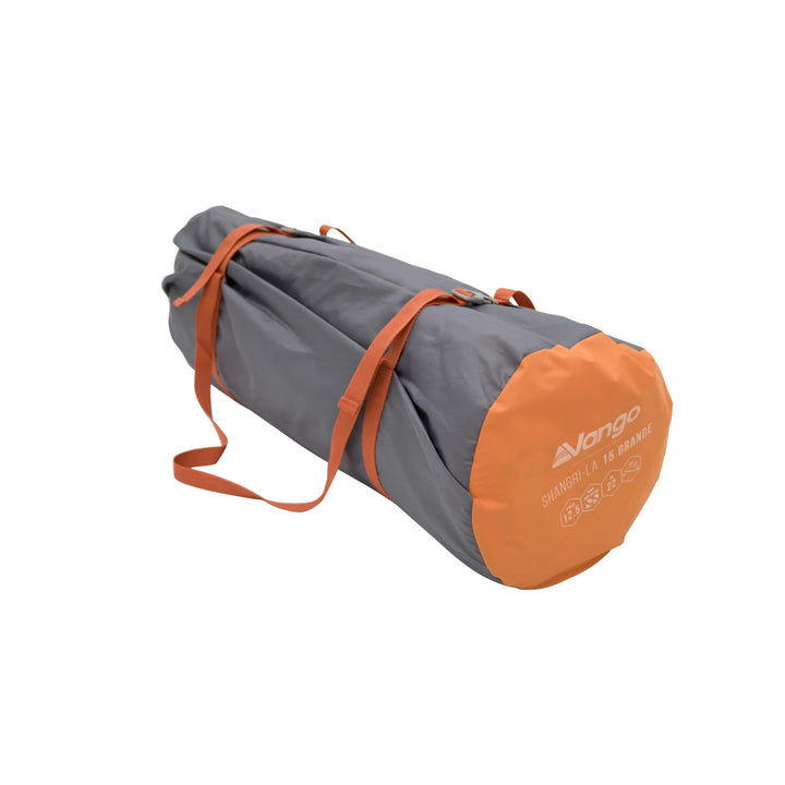 Vango Shangri-La II 15cm Grande single Sim camping mat in its grey and orange carry bag, featuring durable straps for easy transport.