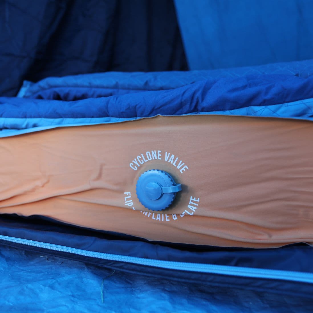 Close-up of the Cyclone valve on the Vango Shangri-La II 15cm Grande self-inflating camping mat, designed for quick inflation and deflation.