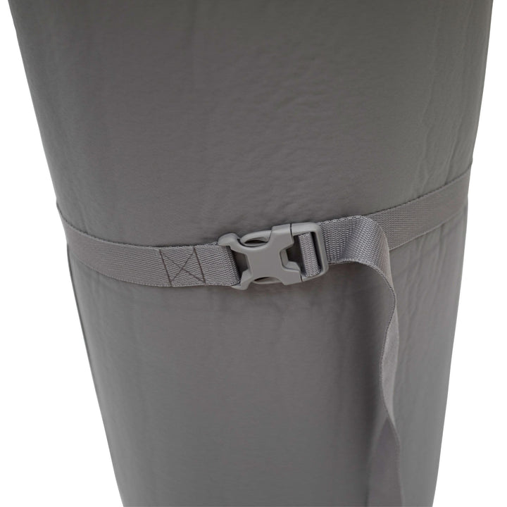 Close-up of the grey securing straps on the Vango Shangri-La II 15cm Grande single Sim camping mat, ensuring compact packing.