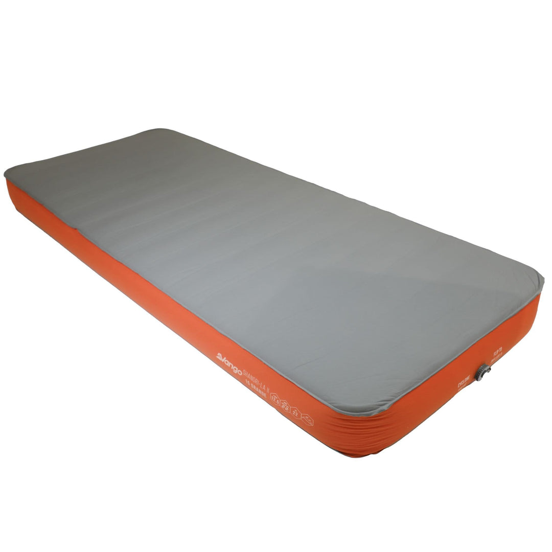 Side view of the Vango Shangri-La II 15cm Grande single Sim camping mat in orange and grey, showcasing its comfortable sleeping surface.