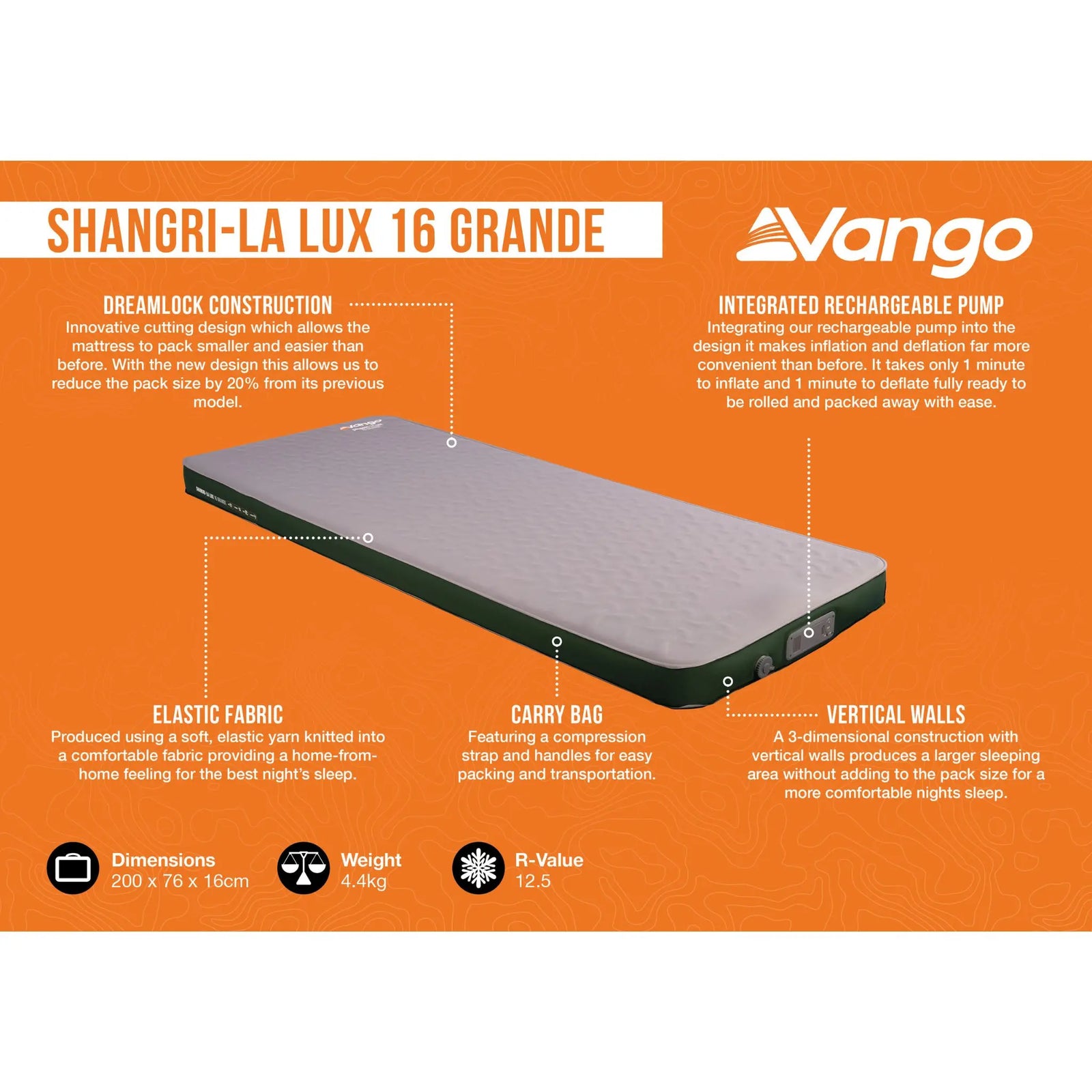 Vango Shangri-La Lux 16 Grande camping mattress with features listed on an orange background