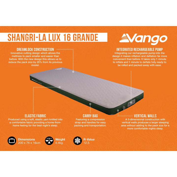Vango Shangri-La Lux 16 Grande camping mattress with features listed on an orange background