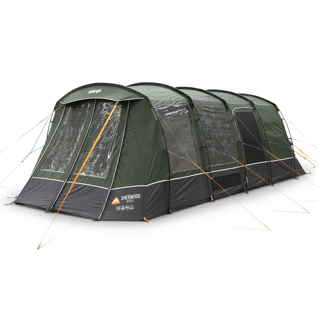 Side-angled view of the Vango Sherwood 400XL poled tent, highlighting its durable poles and large windows for ventilation and light, ideal as a 4-man tent.