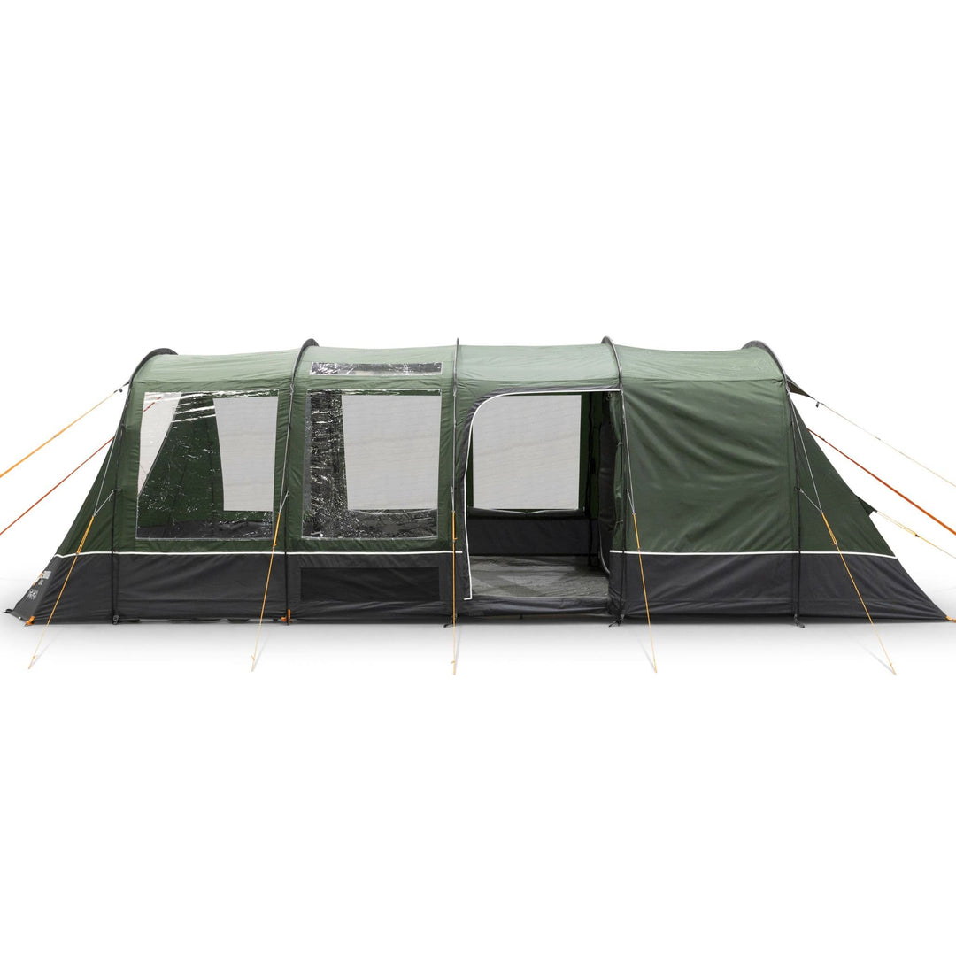 Complete side view of the Vango Sherwood 400XL poled tent, featuring its front awning and spacious capacity for four campers.