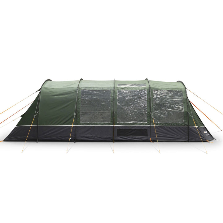 Complete side profile of the Vango Sherwood 400XL poled tent with closed windows, showcasing its durable structure as a 4-man tent.