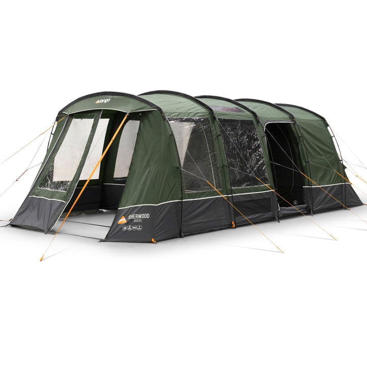 Front view of the Vango Sherwood 400XL poled tent with the front door partially open, revealing the interior layout suitable for four people.