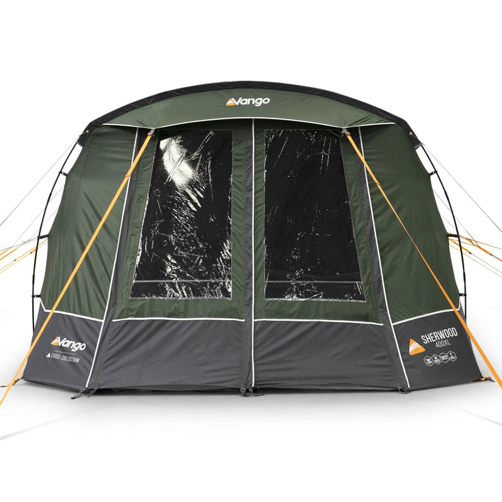 Front view of the Vango Sherwood 400XL poled tent with closed doors and visible branding, a robust 4-man tent for camping.