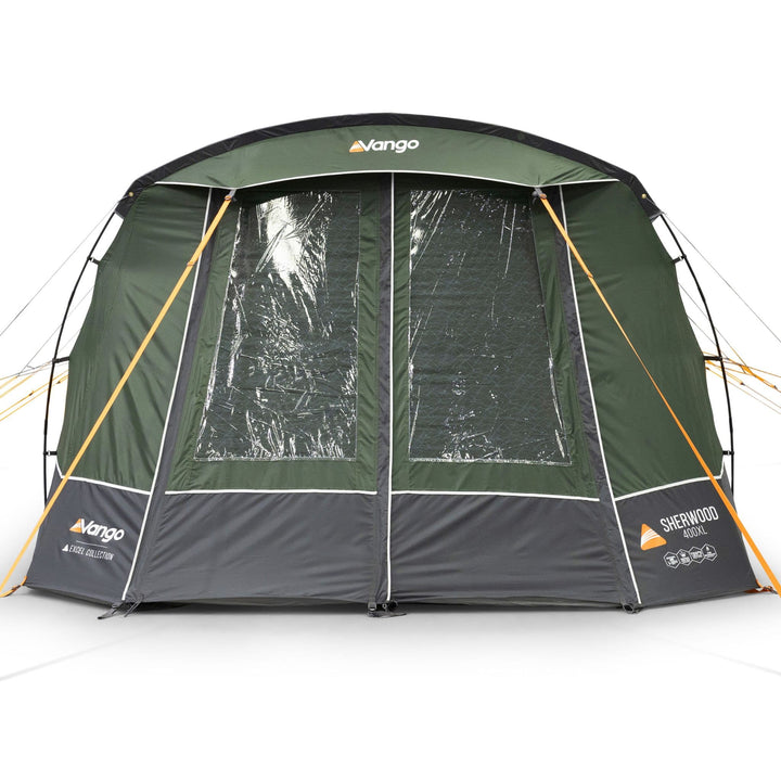 Close-up front view of the Vango Sherwood 400XL poled tent with all curtains securely closed, designed for four people.