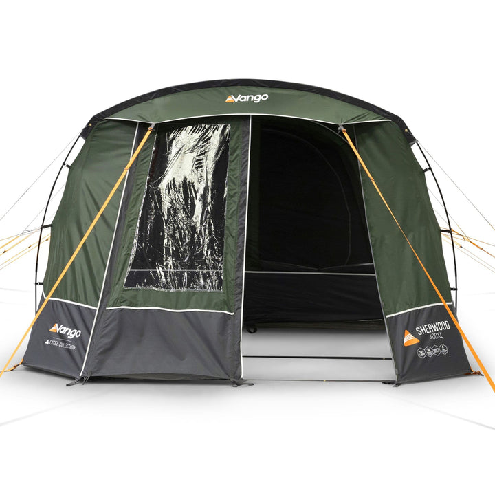 Front view of the Vango Sherwood 400XL poled tent with the front door half open and mesh panels and interior partially visible, perfect for 4-man camping.