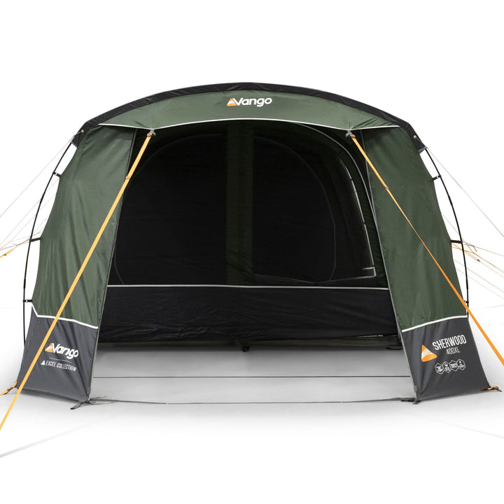 Open front view of the Vango Sherwood 400XL 4 man poled tent, showcasing the interior layout and spacious living area for four people.