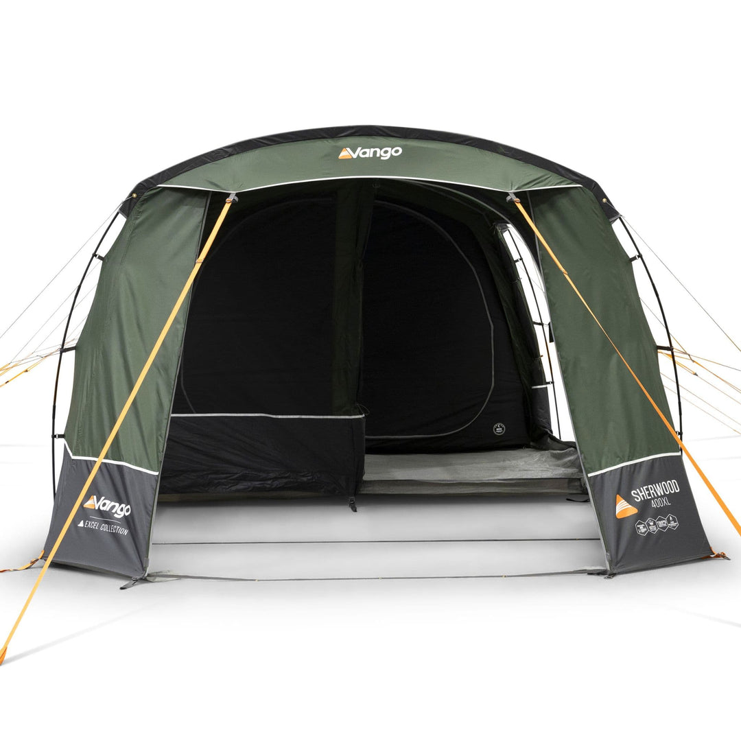 Front view of the Vango Sherwood 400XL poled tent with mesh panels and interior partially visible, perfect for 4-man camping.