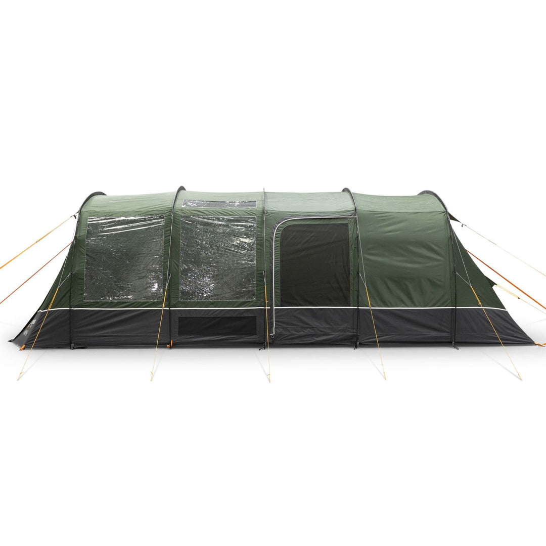 Side profile view of the Vango Sherwood 400XL poled tent with closed windows, emphasizing its weatherproof design as a 4 man tent.