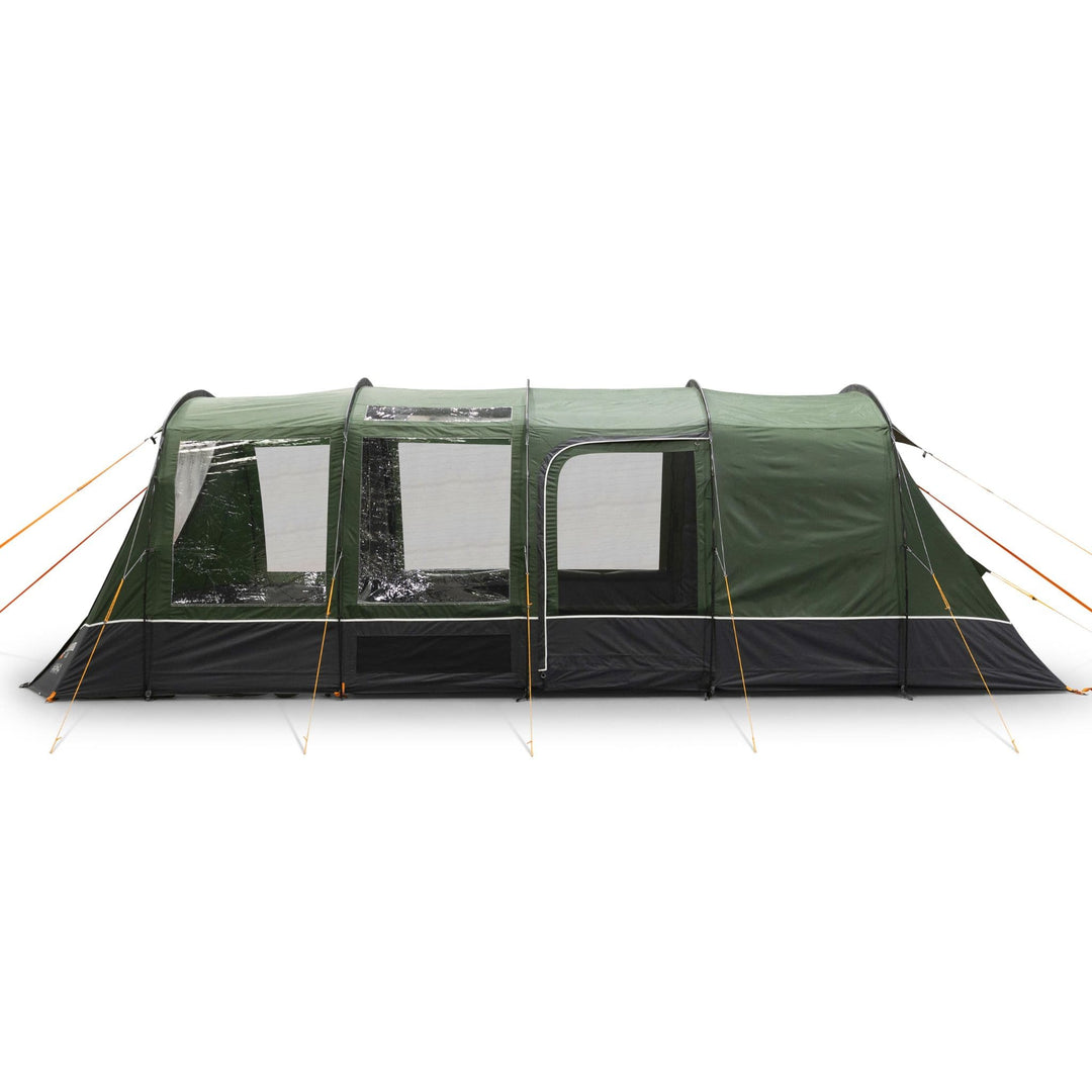 Side profile view of the Vango Sherwood 400XL poled tent with open windows, highlighting its ventilation options for a 4-man camping experience.