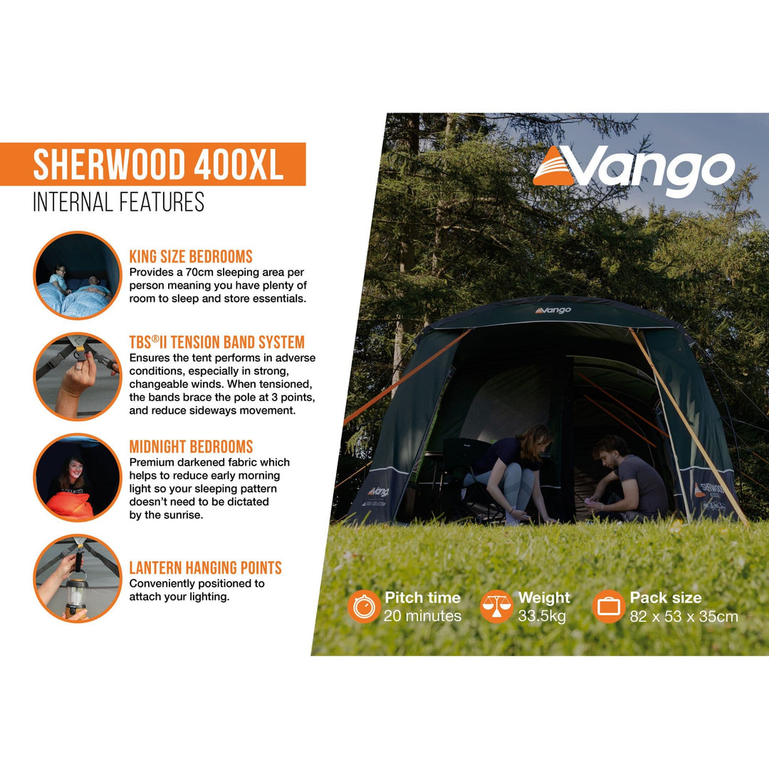 Infographic highlighting the Vango Sherwood 400XL poled tent's internal features, including king-size bedrooms, TBS II tension band system, and lantern hanging points, designed for four people.