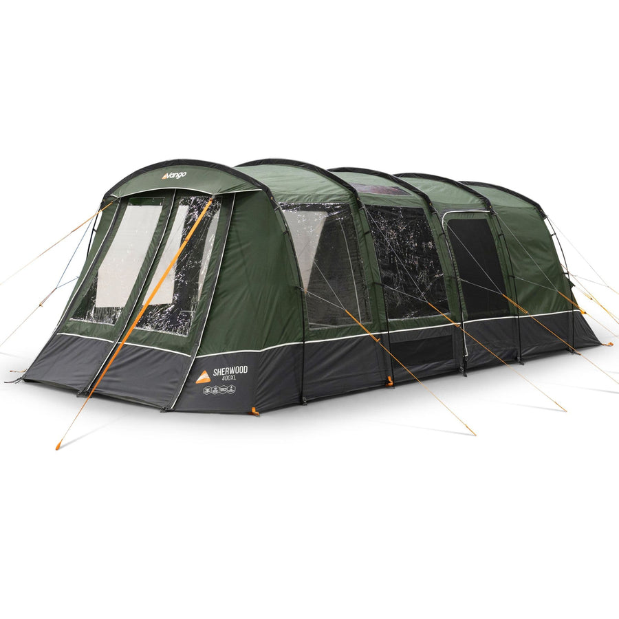 Angled front view of the Vango Sherwood 400XL poled tent, showcasing its sturdy design and spacious capacity for a 4-man camping trip.