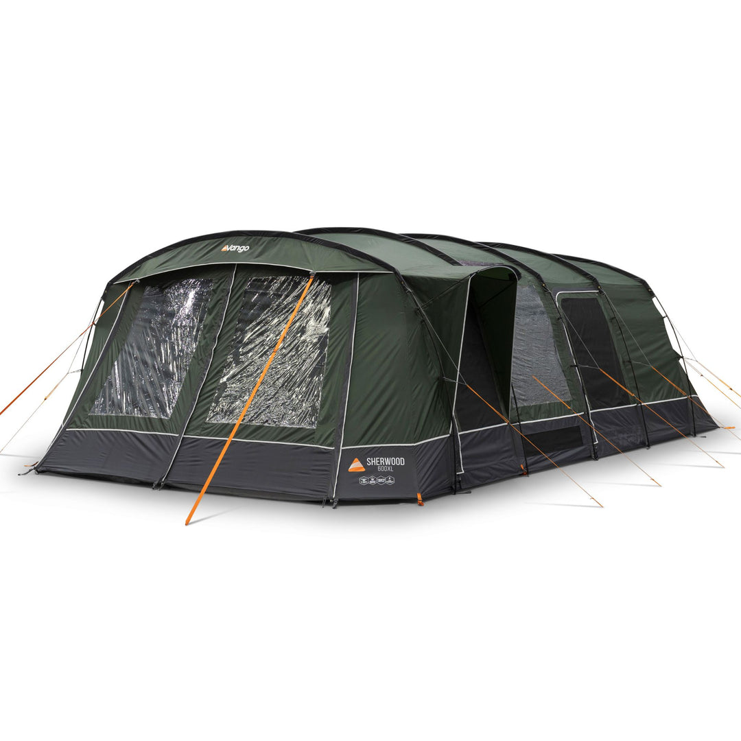 Angled front view of the Vango Sherwood 600XL Poled Tent with an extended living area and pre-attached awning, suitable for family camping trips.