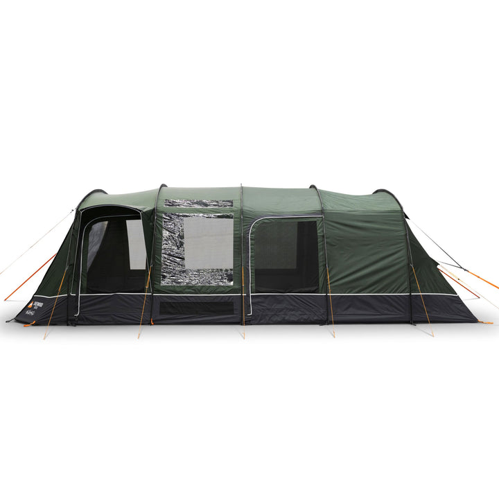 Side view of the Vango Sherwood 600XL Poled Tent, a spacious 6-man family tent, showcasing its durable green exterior and large mesh panels.