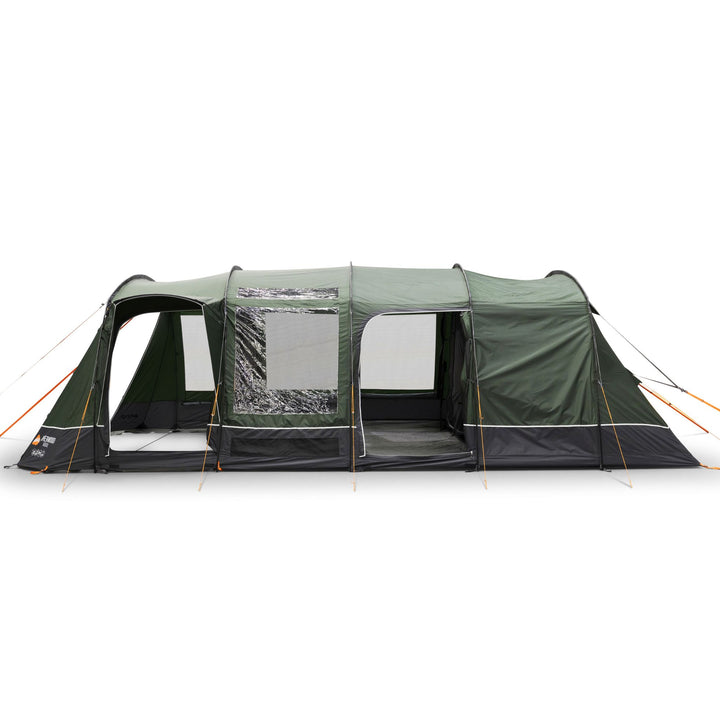 Side view of the Vango Sherwood 600XL family tent with open entrances, highlighting the versatile layout and ample living space for six people.