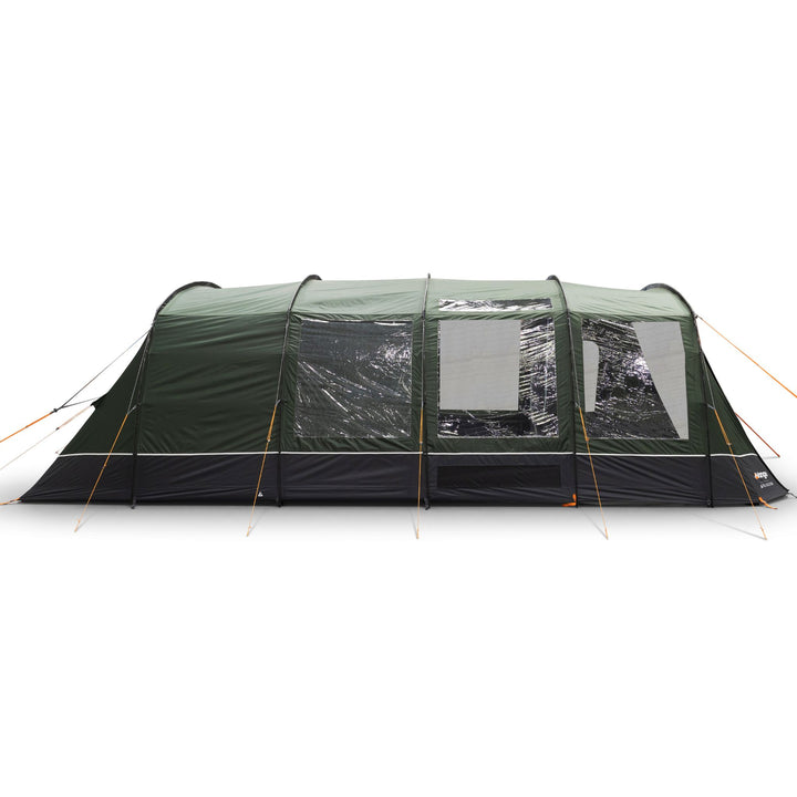 Side profile of the Vango Sherwood 600XL familt tent, emphasizing its sturdy fibreglass poles and weather-resistant fabric designed for family camping.