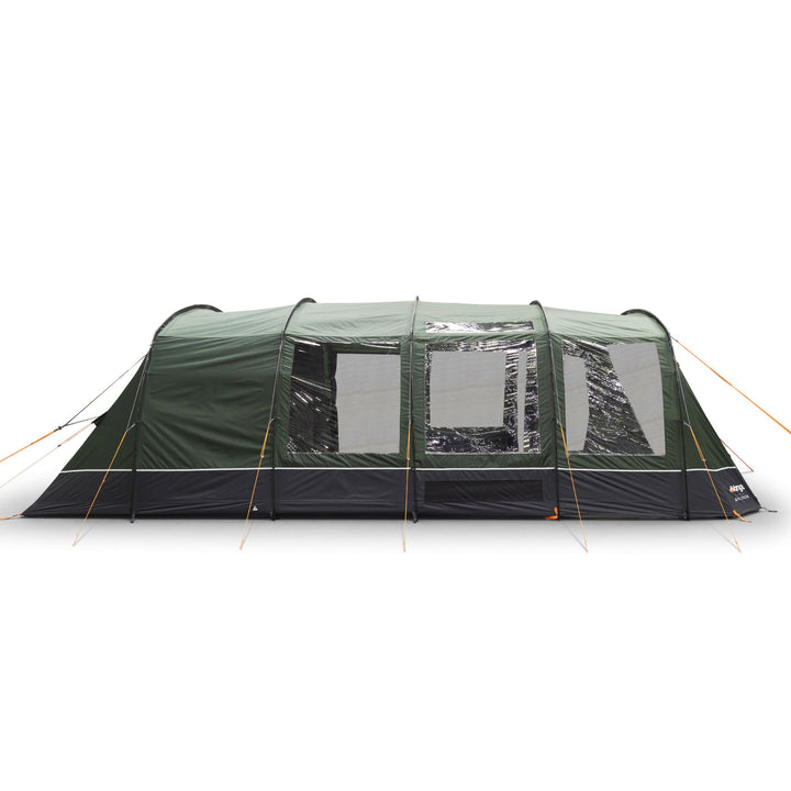 Side profile of the Vango Sherwood 600XL, showing its sturdy fibreglass poles and weather-resistant 150D canvas, designed for family camping.