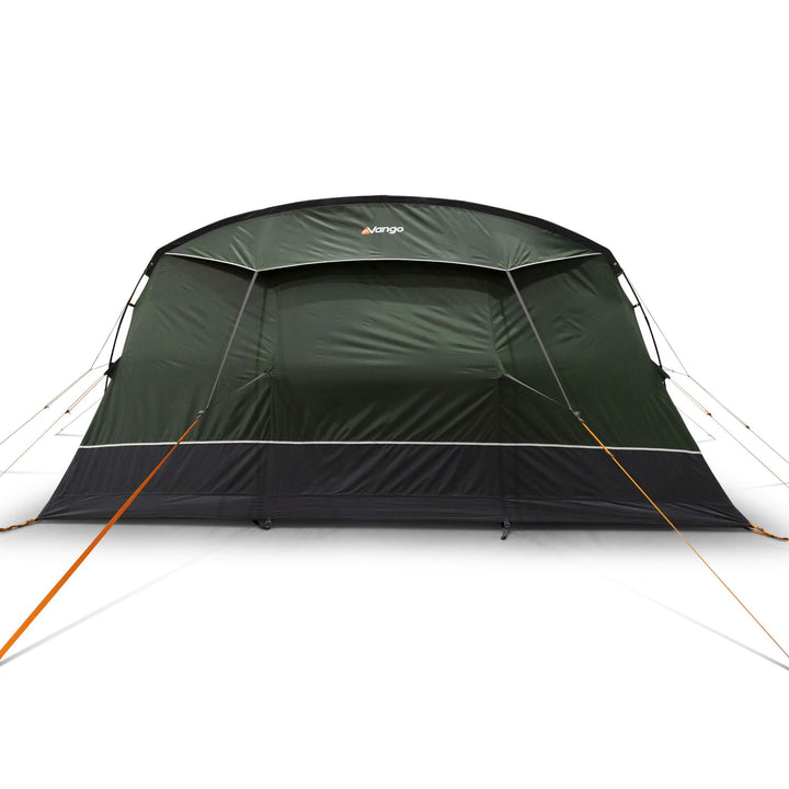 Rear view of the Vango Sherwood 600XL 6-man tent, showcasing its robust framework and compact design for camping trips.