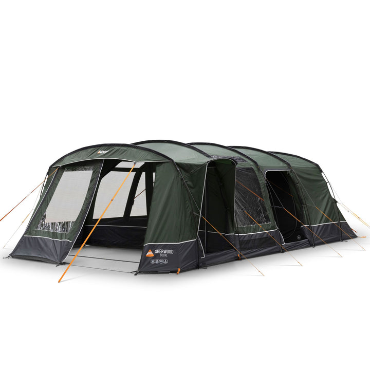 Angled view of the Vango Sherwood 600XL Poled family tent with front door half open and side door open. Highlighting its multiple entrances, perfect for family camping as a 6 man tent