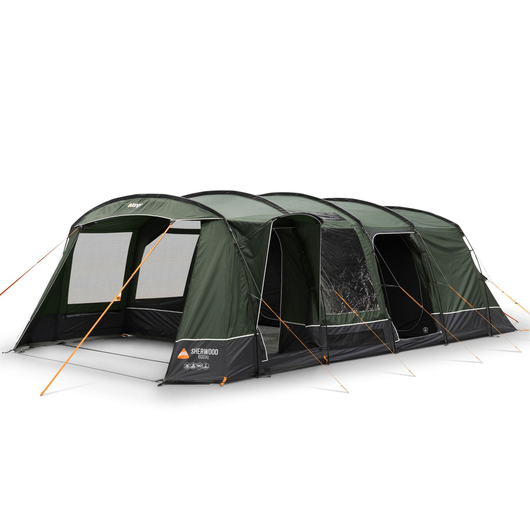 Front view of the Vango Sherwood 600XL Poled Tent with its large windows and entrance doors, ideal for use as a spacious family tent