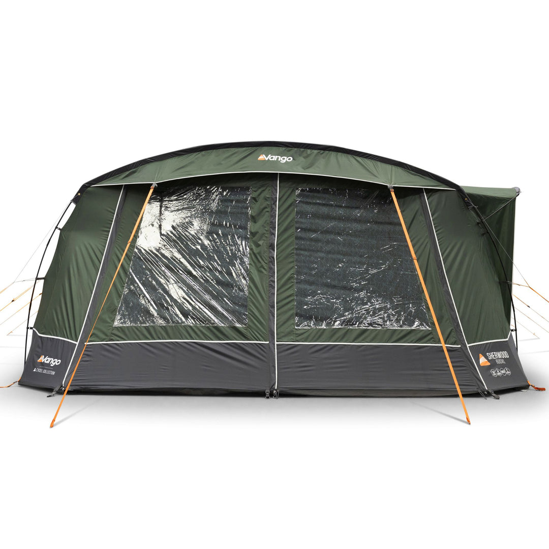 Front of the Vango Sherwood 600XL Poled family tent with its front door closed and windows up for privacy, perfect for family camping as a 6-man tent.