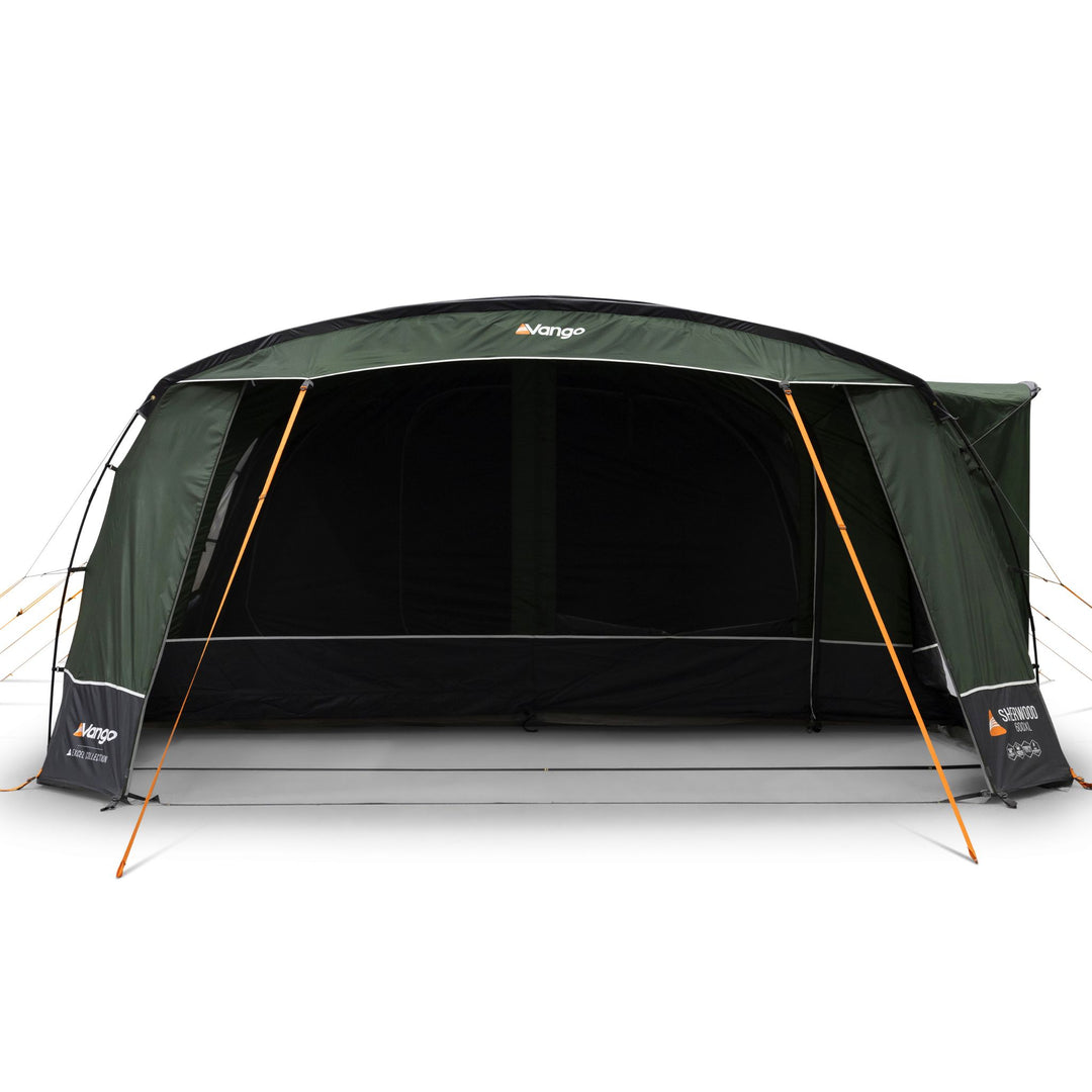 Front view of the Vango Sherwood 600XL Poled Tent with its large front door fully open, ideal for use as a spacious family tent.