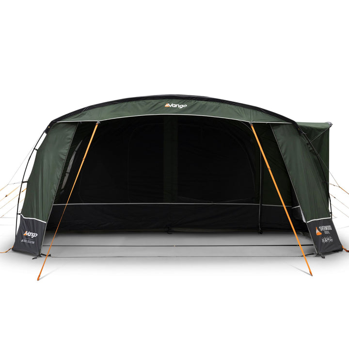 Front view of the Vango Sherwood 600XL Poled Tent with its large front door fully open, ideal for use as a spacious family tent.