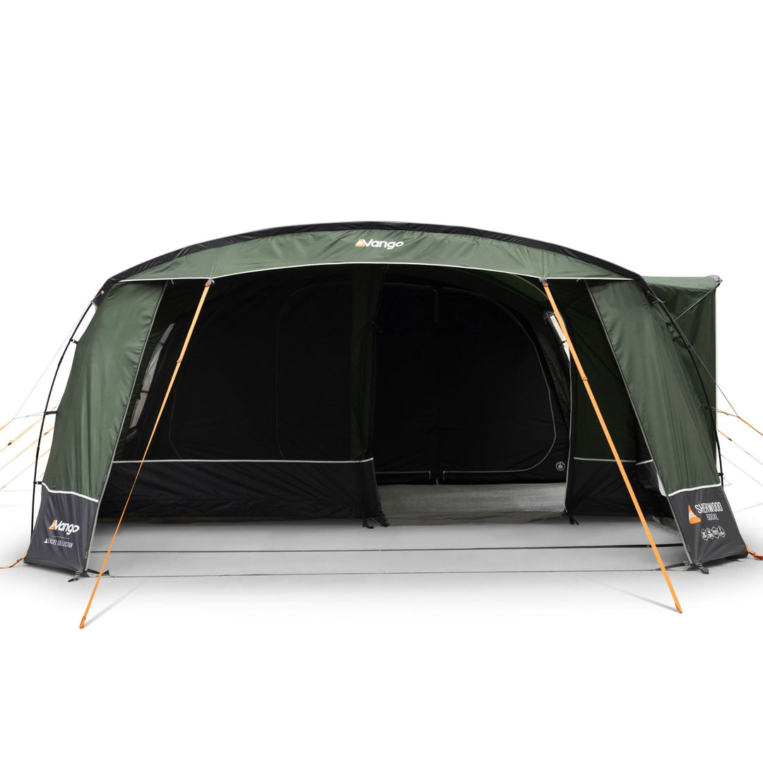 Front view of the Vango Sherwood 600XL Poled Tent with its large front door open and middle door half open. Showing its large living space and SkyTrack II system for light attachment, great for family camping.