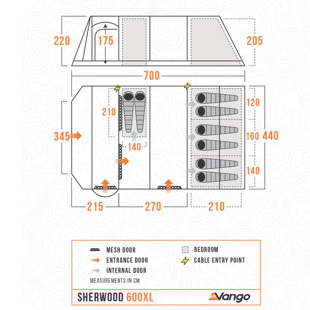 Floorplan of the Vango Sherwood 600XL family tent, detailing the layout with two spacious bedrooms, central living space, and cable entry points.