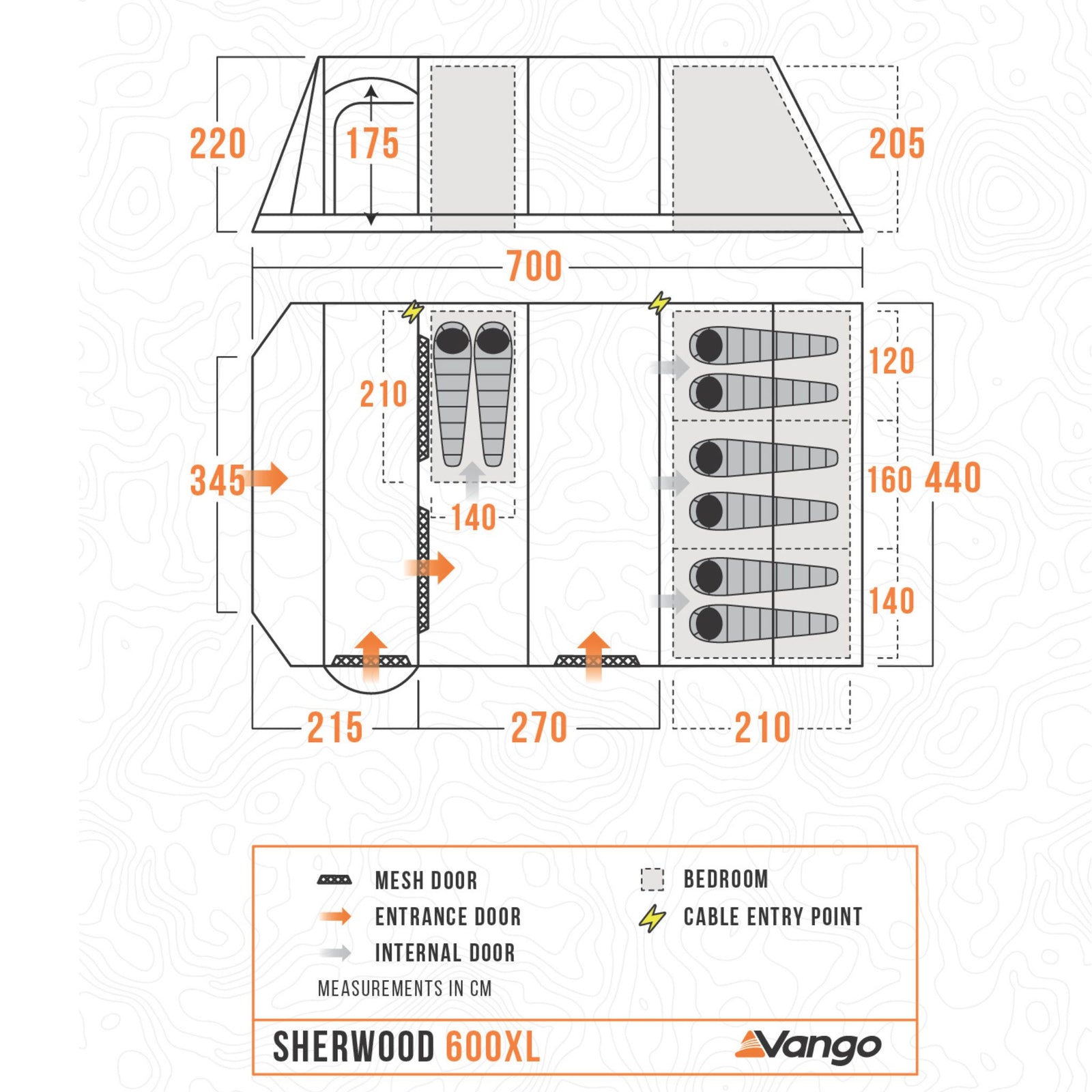 Floorplan of the Vango Sherwood 600XL family tent, detailing the layout with two spacious bedrooms, central living space, and cable entry points.