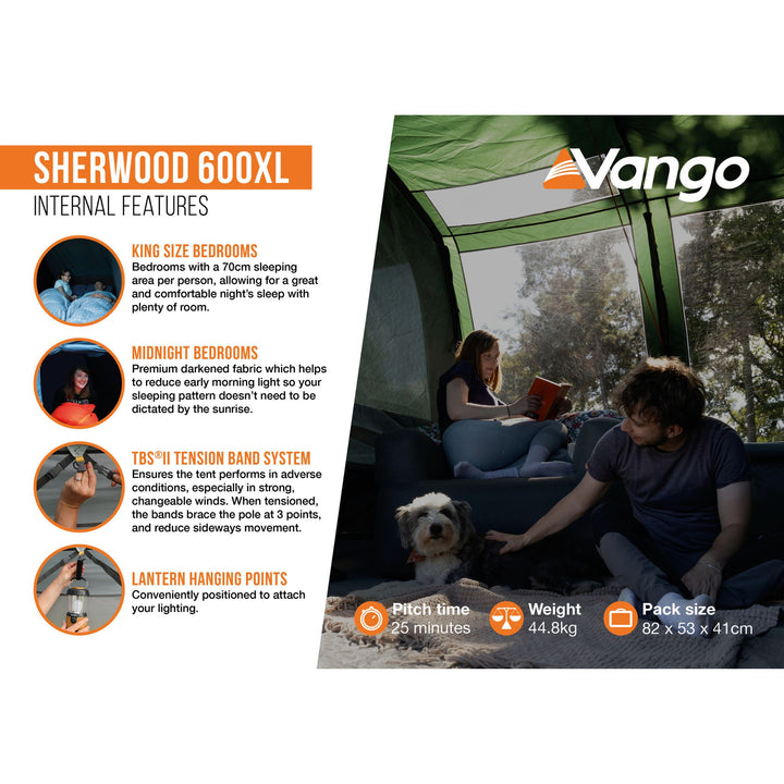 Internal features of the Vango Sherwood 600XL Poled Tent, highlighting king-size bedrooms, midnight fabric, and the TBS II tension band system.