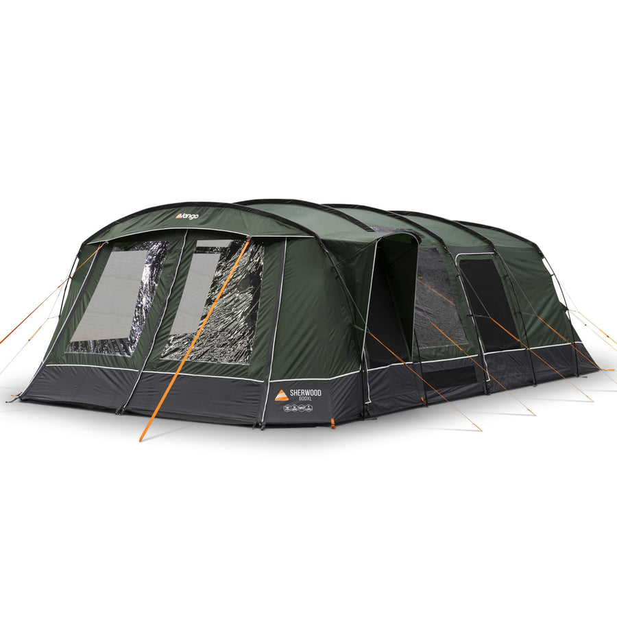 Angled view of the Vango Sherwood 600XL Poled Tent showcasing its spacious design and multiple windows, ideal as a 6-man tent for families.